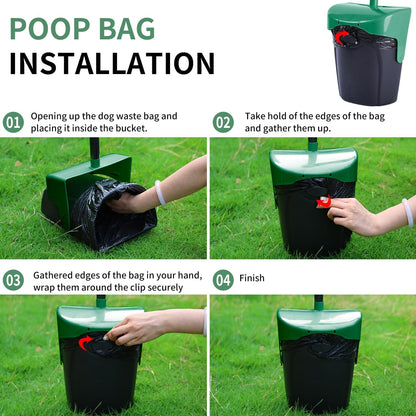 Pooper Scooper Large Swivel Bin & Rake with 160 Waste Bags,Heavy Duty Dog Pooper Scooper with Bag Attachment for Dogs, Long Handle Poop Scooper with Lid for Yard, Grass, Gravel(Dark Green)