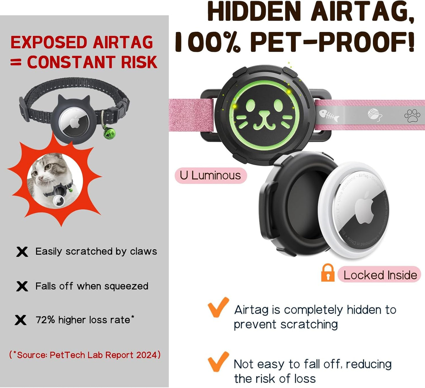 AirTag Cat Collar Non Breakaway, Reflective GPS Cat Collar Adjustable with Bell and Safety Elastic Strap for Kittens, Lightweight Cat Airtag Collar for Girl Boy Cats(Pink, L)