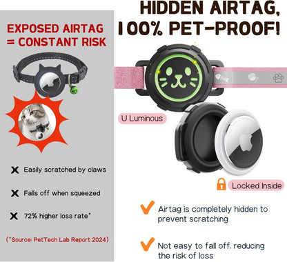 AirTag Cat Collar Non Breakaway, Reflective GPS Cat Collar Adjustable with Bell and Safety Elastic Strap for Kittens, Lightweight Cat Airtag Collar for Girl Boy Cats(Pink, L)