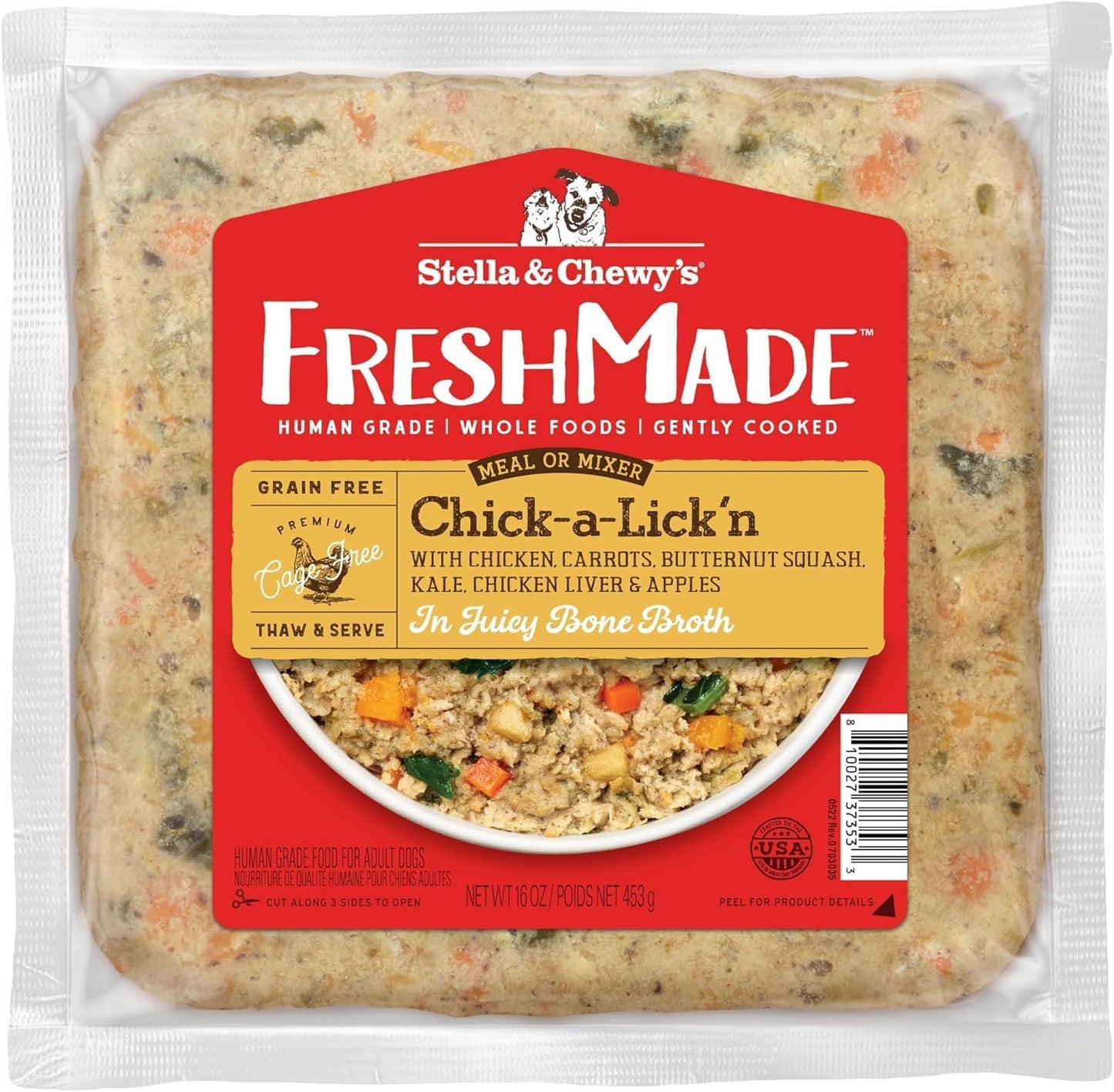 Stella & Chewy's FreshMade Frozen Fresh Grain-Free Chick-a-Lick'n Dog Food, 16-oz Pouch (Pack of 4)