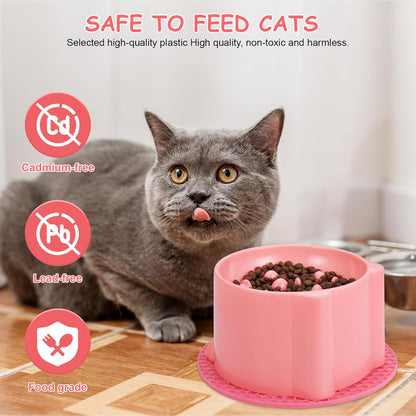 2 Pcs Raised Slow Feeder Cat Bowl, Plastic Elevated Cat Slow Feeder Bowl with Anti-Skid Mat, Raised Slow Cat Feeder for Dry and Wet Food (Green＆Pink)