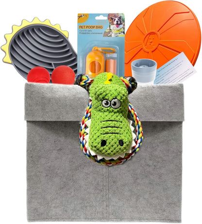 Ultimate 8-in-1 Dog Gift Basket Set - with Slow Feeder Bowl, Tug of War Interactive Toys,Poop Bag Dispenser and Storage Basket for Medium to Large Dogs