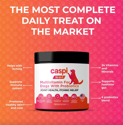 Caspi 10-in-1 Dog Multivitamin with Probiotics – Joint Health, Itching & Skin Relief, Omega-3 Salmon Oil, Glucosamine, Vitamins & Minerals – Daily Chew Supplement for Dogs – 160 Soft Chews