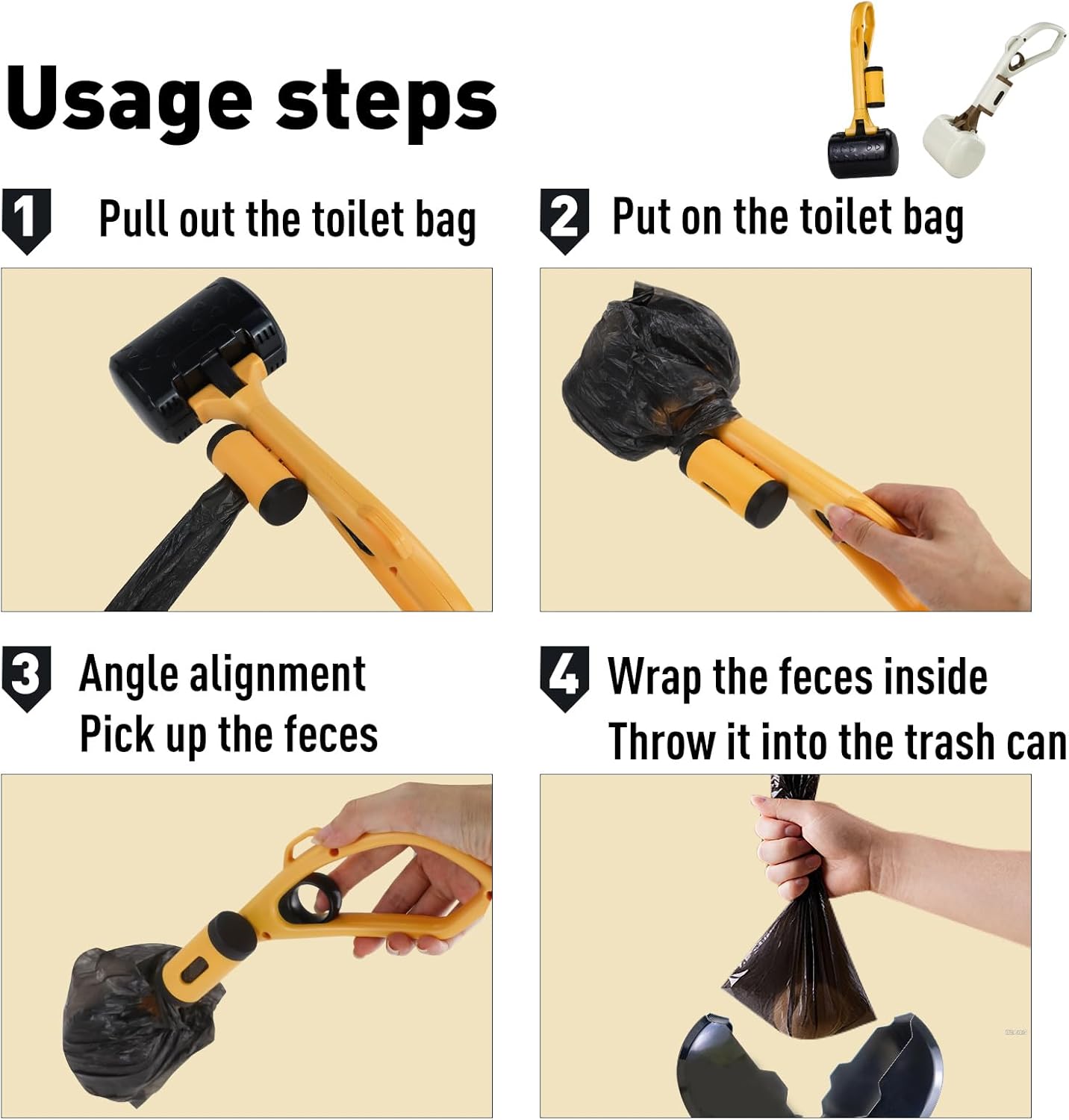 Andiker Dog Poop Scooper with Bag Attachment with 20Pcs Bag Refills, Pet Pooper Scooper with 13" Length Handle Hide&High Elastic Spring Dog Pooper Scooper for Yard Medium Dog, Puppy (Yellow Black)