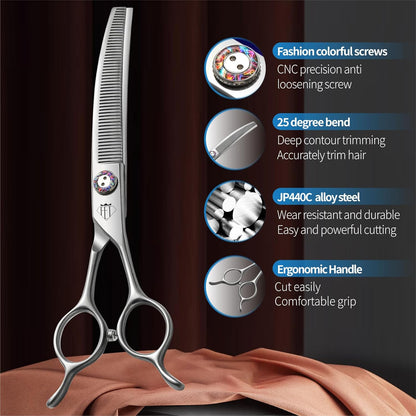 Professional Dog Grooming Scissors, 7 Inch JP440C Stainless Steel, 25% Thinning Curved Shears with Ergonomic Handle, Silver (Curved Thinner, 7.5")