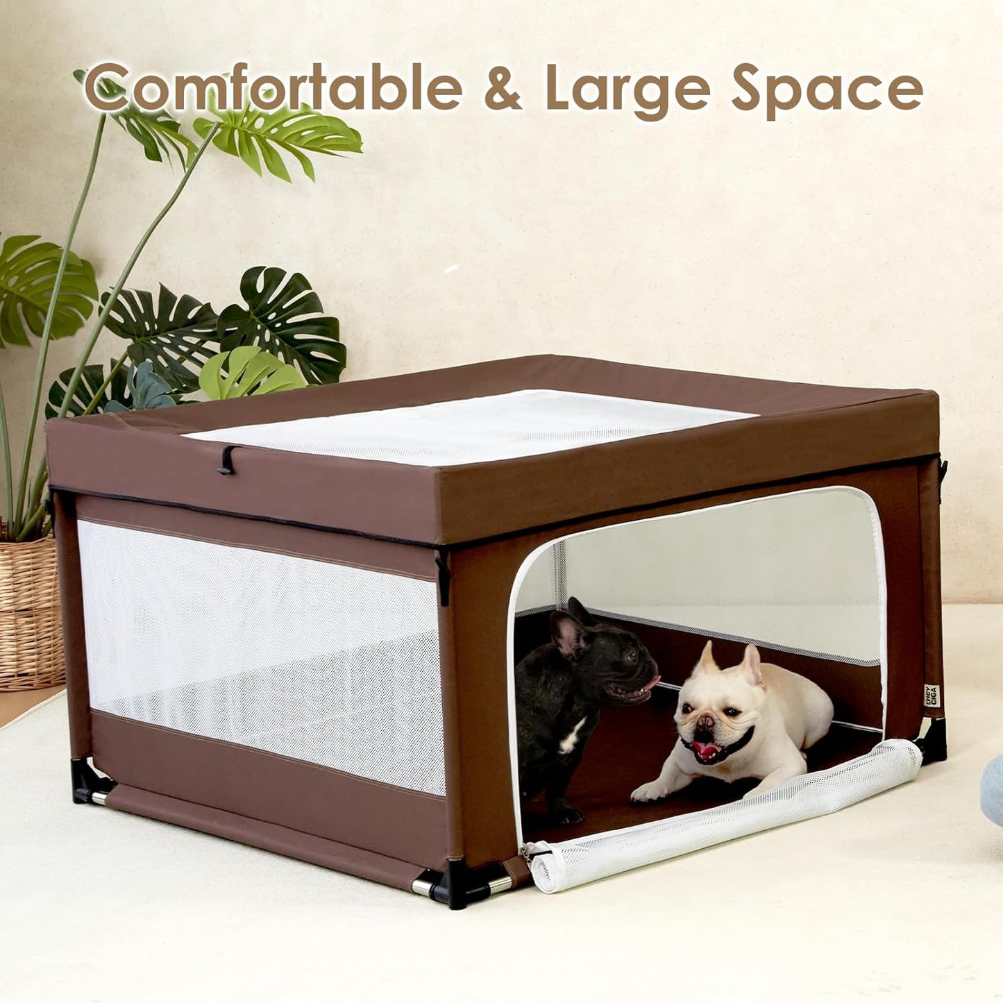 EHEYCIGA 42x42x26 Inches Puppy Playpen with Top Cover for Dogs & Cats Indoor or Outdoor - Dog Playpen with Door, Dog Fence for Small Animal with Heavy-Duty Oxford & Steel Frame, Brown