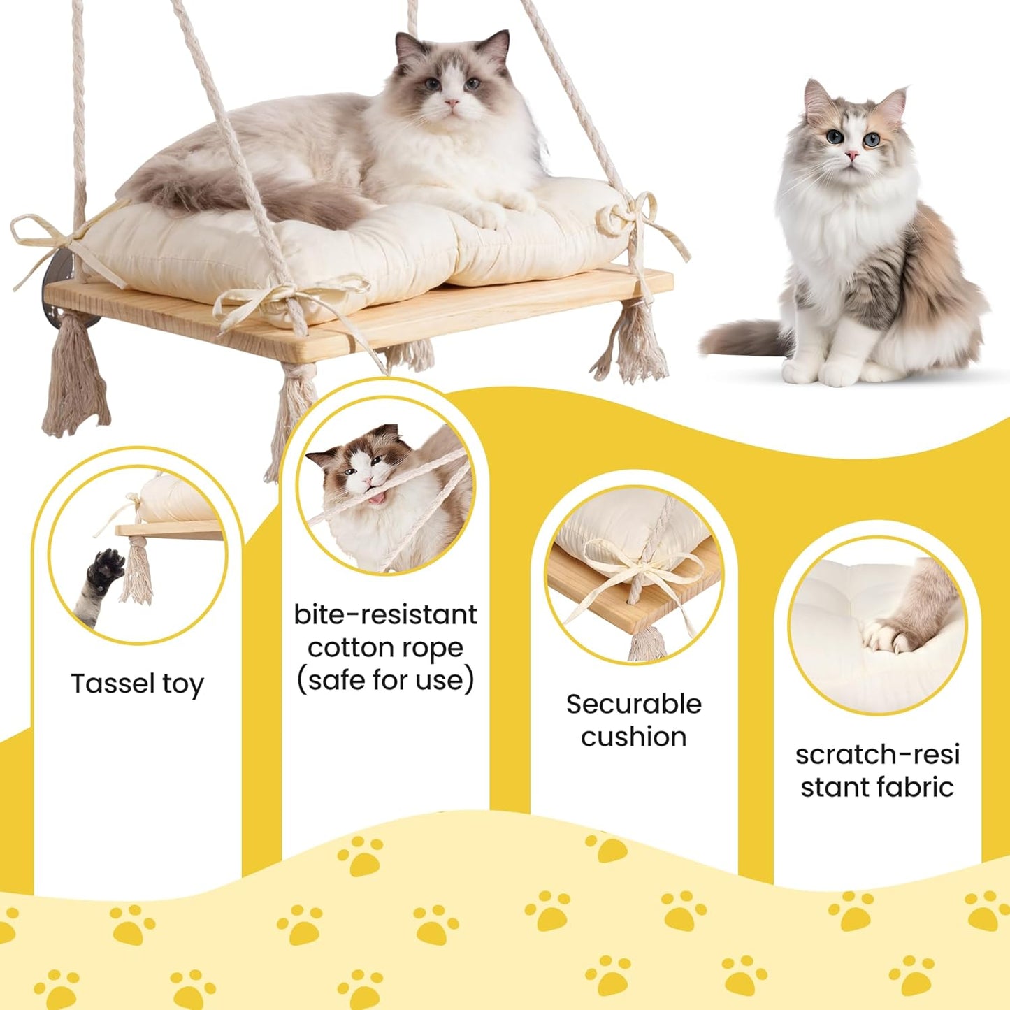 Cat Window Perch, Suction Cup Window Hammock Seat Beds for Indoor Cats with Soft Cushion and Solid Pine Wood