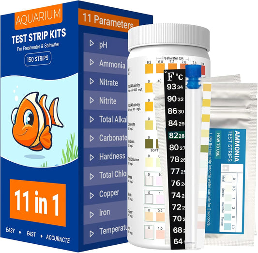 11 in 1 Aquarium Test Strips - 150 Counts Freshwater & Saltwater Fish Tank Water Test Kit, Quick Accurate Testing for pH, Ammonia, Nitrate, Nitrite, GH, KH, Alkalinity, Chlorine,Carbonate,Temp,More