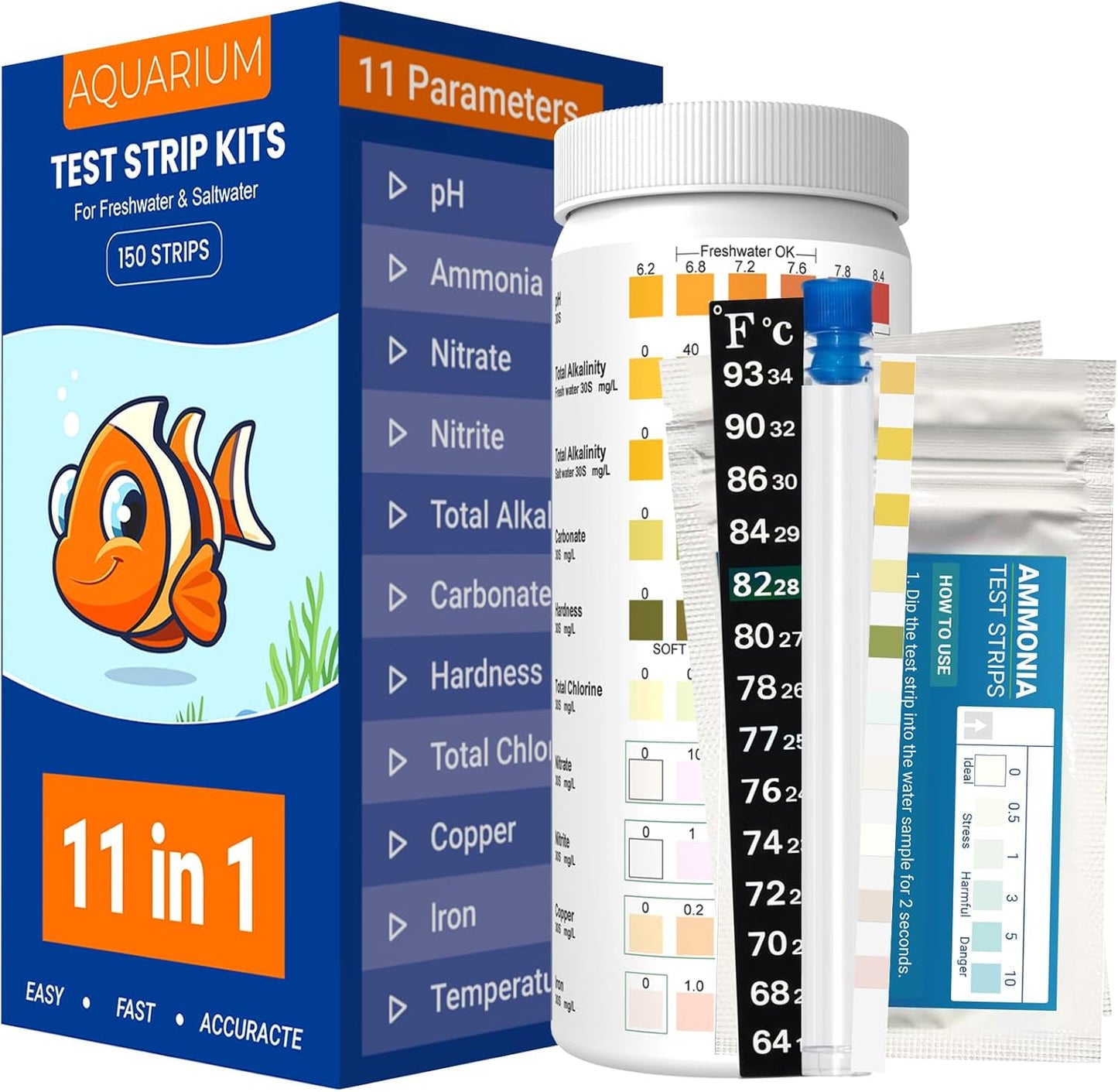 11 in 1 Aquarium Test Strips - 150 Counts Freshwater & Saltwater Fish Tank Water Test Kit, Quick Accurate Testing for pH, Ammonia, Nitrate, Nitrite, GH, KH, Alkalinity, Chlorine,Carbonate,Temp,More
