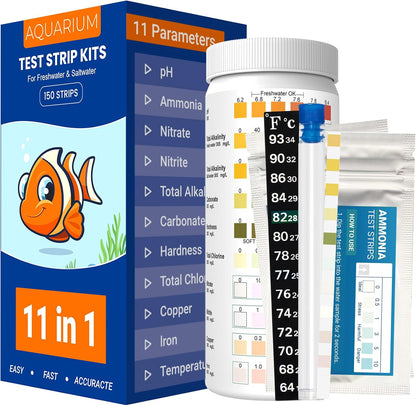 11 in 1 Aquarium Test Strips - 150 Counts Freshwater & Saltwater Fish Tank Water Test Kit, Quick Accurate Testing for pH, Ammonia, Nitrate, Nitrite, GH, KH, Alkalinity, Chlorine,Carbonate,Temp,More