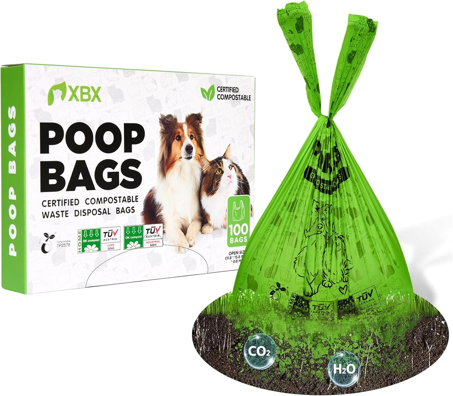 Cat Litter Bags for Poop, Compostable Kitty Poop Bags, 100 Count Unscented Disposal Waste Bags with Handle, Fit Any Scoop, Odor Sealing and Leakproof Dog Pooper Bag