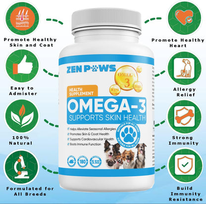 Omega 3 Fish Oil for Dogs - 180 Count Tablet Treats – Helps Shedding, Skin Allergy, Itch and Dry Skin Relief, Hot Spots - Joint Health - Skin and Coat Supplement - Salmon Oil - Duck Flavor