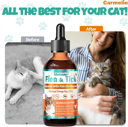 Flea and Tick Support for Cats, Natural Cat Flea Liquid Drops, Flea & Tick Supplement with Vitamins & Fish Oil for Cats - All Breeds, Kittens to Senior Cat - Chicken Flavor