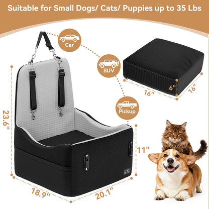 PETSFIT Dog Car Seat for Small/Medium Dogs Up to 35 lbs – Patented Safety System, 6" Memory Foam Pet Booster Car Seat, Fully Detachable and Washable Dog Carseat with 2 Storage Pockets (Black & Grey)