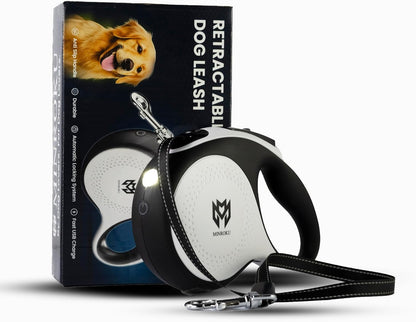 Minruko Retractable Dog Leash with LED Light – 360° Tangle-Free 16ft Heavy-Duty Nylon Tape Leash | One-Hand Brake, Pause & Lock System | Medium Dogs (White)