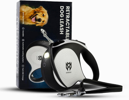 Minruko Retractable Dog Leash with LED Light – 360° Tangle-Free 16ft Heavy-Duty Nylon Tape Leash | One-Hand Brake, Pause & Lock System | Medium Dogs (White)