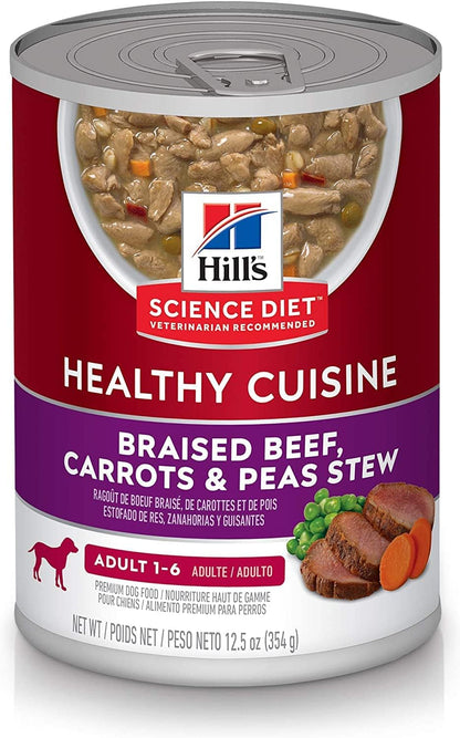 Hill's Science Diet Healthy Cuisine, Adult 1-6, Great Taste, Wet Dog Food, Braised Beef, Carrots & Peas Stew, 12.5 oz Can, Case of 12