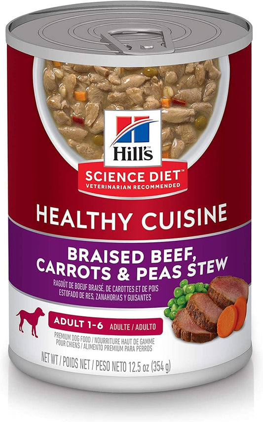 Hill's Science Diet Healthy Cuisine, Adult 1-6, Great Taste, Wet Dog Food, Braised Beef, Carrots & Peas Stew, 12.5 oz Can, Case of 12