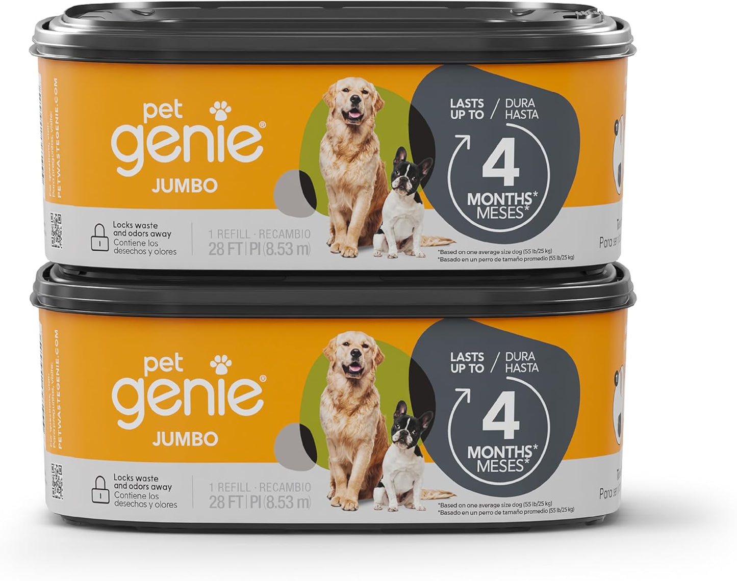 Pet Genie Refill Bags | Jumbo 2-Pack, 56 Total ft | Up to 8 Months of Supply in 2 cartridges | Ultimate Odor Control Dog Poop Bags