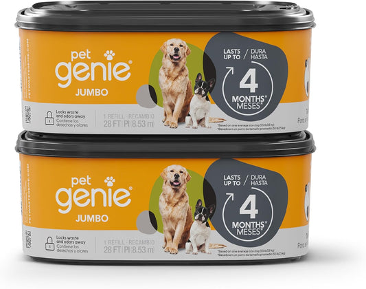 Pet Genie Refill Bags | Jumbo 2-Pack, 56 Total ft | Up to 8 Months of Supply in 2 cartridges | Ultimate Odor Control Dog Poop Bags