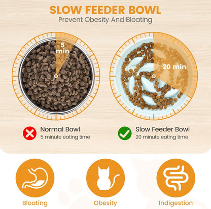 PETTOM Slow Feeder Cat Bowl with Stand, Ceramic Slow Eating Cat Bowl with Higher Edges Fish Pool Design Elevated Food Bowls for Dry and Wet Food Anti-Vomiting Puzzle Feeder for Healthy Eating Diet