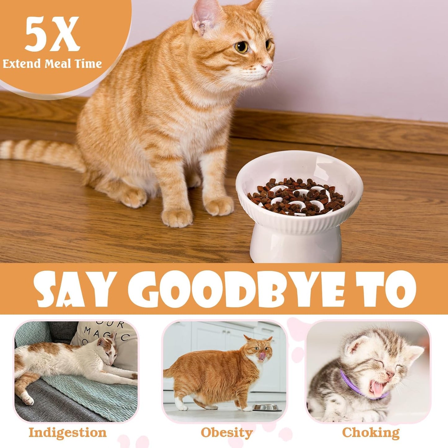 2 Pcs Raised Cat Slow Feeder Bowl Ceramic Elevated Cat Bowls, No Spill High Edge, Anti Vomiting for Pets Kitten Puppies Dry Wet Food and Water, Dishwasher Safe