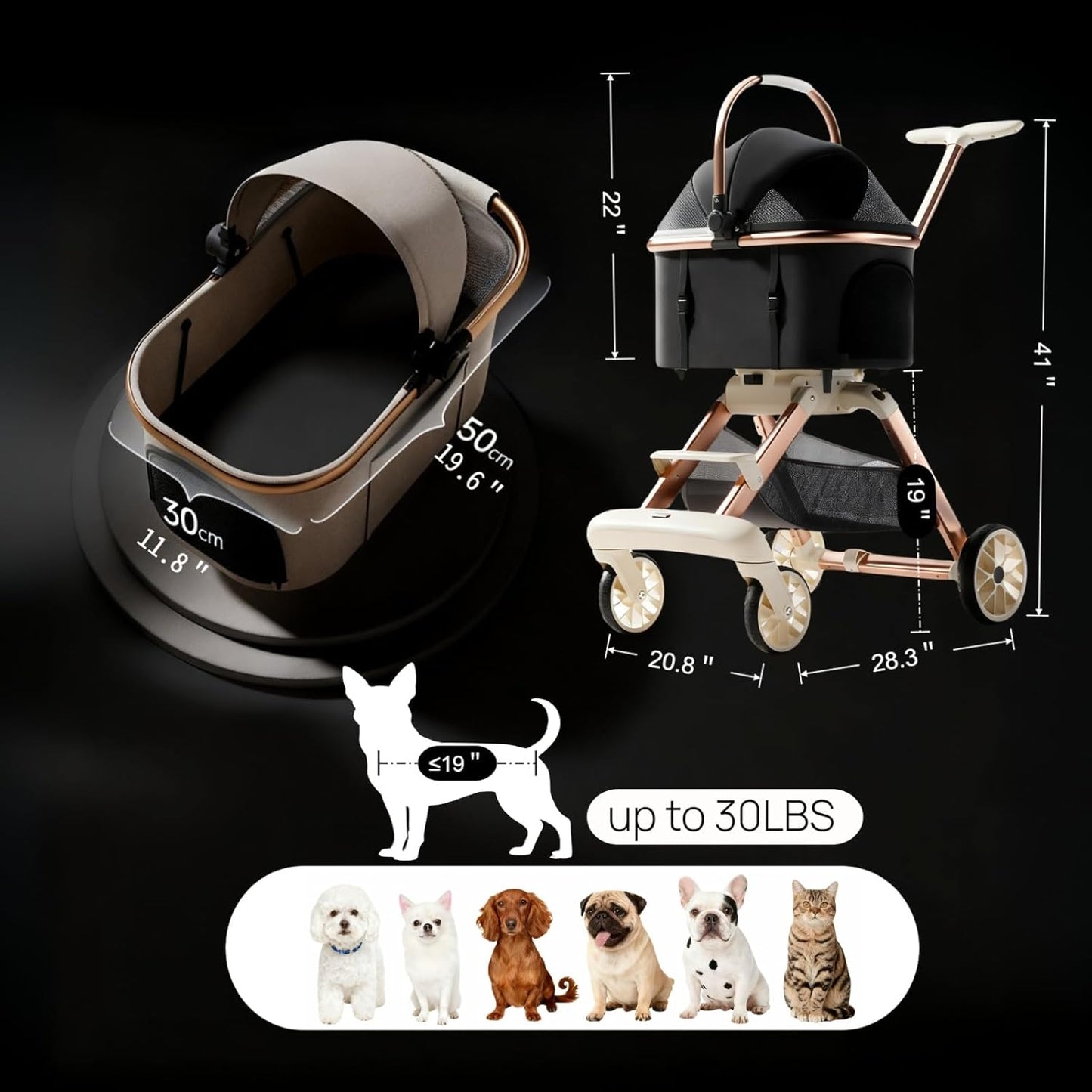 All-Terrain Pet Stroller for Small Medium Dogs & Cats, 30 lbs Capacity - Portable Carrier with One-Touch Brake, Lightweight Foldable Design & Shock Absorption Wheels,Black