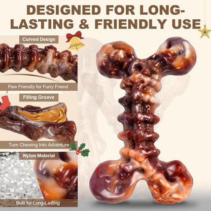 Dog Toys for Aggressive Chewers - 3 Pack Bacon Flavored Indestructible Dog Toy, Big Tough Chew Bone for Medium Large Breed 25-80lbs to Keep Them Busy, Holiday Dog Gift (Brown)