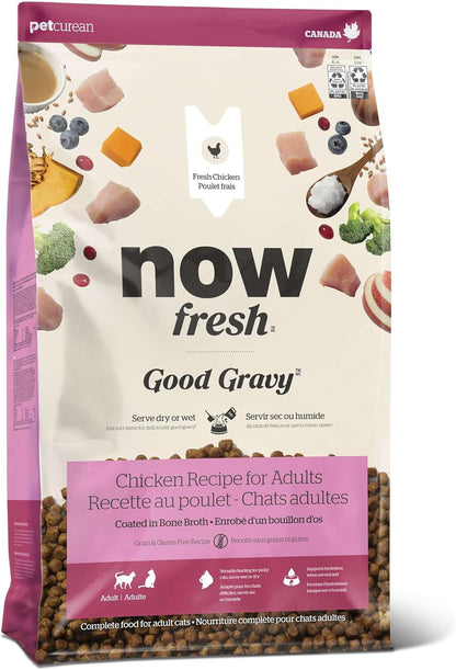 Now Fresh Good Gravy Grain-Free Dry Cat Food with Chicken, Healthy Kibble for Adults & Seniors Coated in Bone Broth – Just Add Water to Moisten, with Pumpkin for Sensitive Stomachs, 3 lb Bag