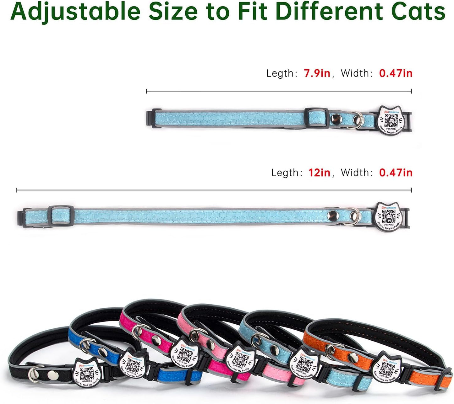 Cat Collar with Bells Reflective Cat Collars Breakaway with Oxford Cloth Soft Padding Adjustable Kitten Collar with QR（CodeCaribbean Blue）