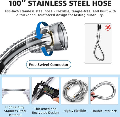 G-Promise Dog Shower Sprayer Attachment for Fast and Clean Pet Showering, Multifunctional Shower, Metal Diverter, 100 Inch Extra Long Hose, No Drill Hook, Dog Washing-Bathroom (Chrome)