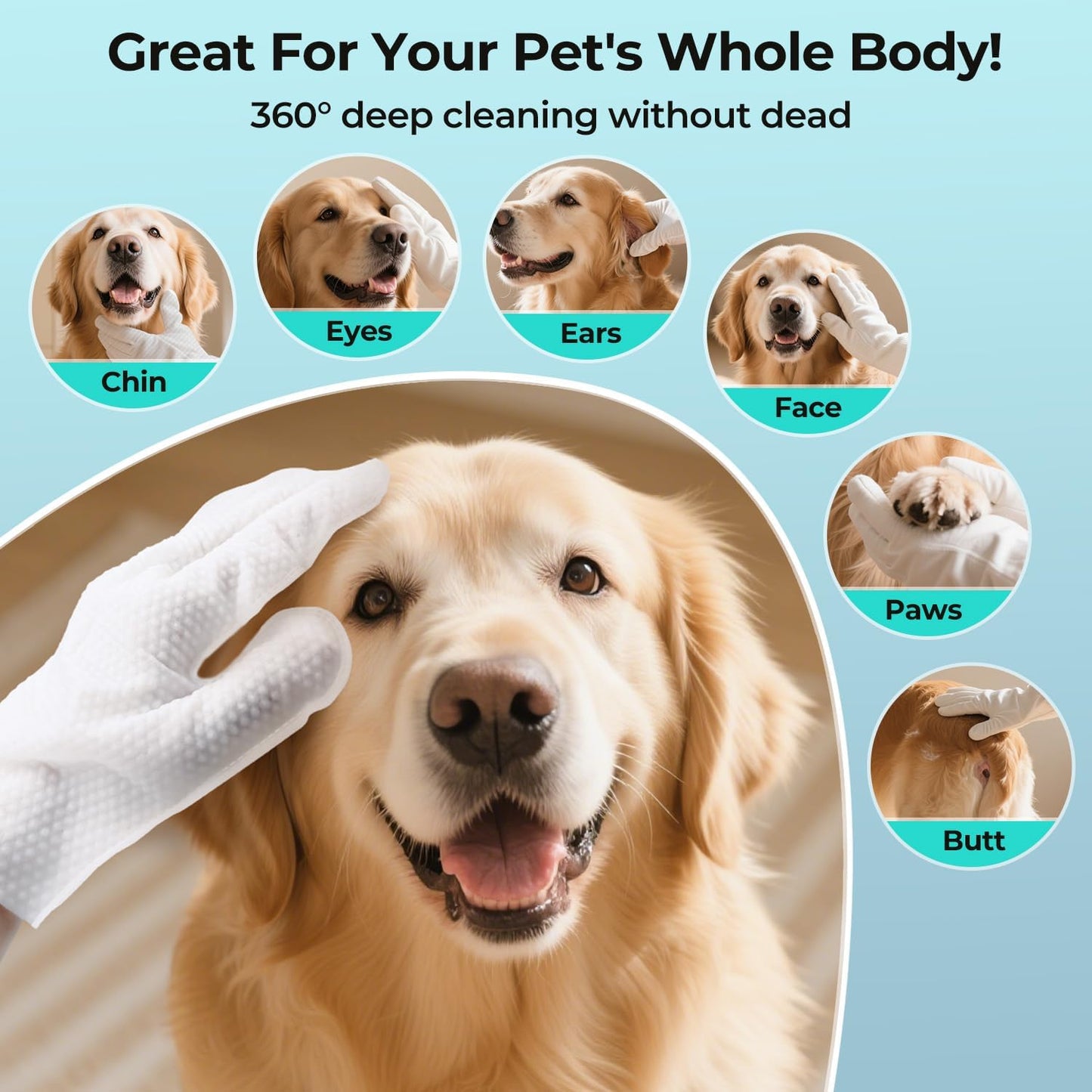 Pet Glove Wipes for Dogs and Cats - Dog Washing Gloves, Cat Bathing Wipes, Individually Wrapped, Moisture-Rich Thickened, Cleaning & Deodorizing, Hypoallergenic, Rinse Free for Grooming and Travel