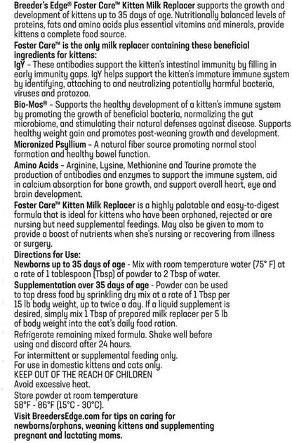 Breeder's Edge Foster Care Feline - Powdered Milk Replacer - for Kittens & Cats - 12oz