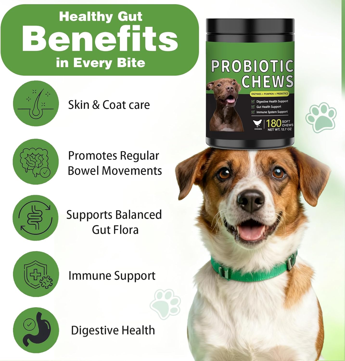 Probiotics for Dogs - 180 Dog Probiotics Chews with 5 Enzymes & 4 Prebiotics for Digestive and Gut Health - Diarrhea & Bowel Support, Yeast Balance, Immunity, Allergies & Itchy Skin (Chicken)