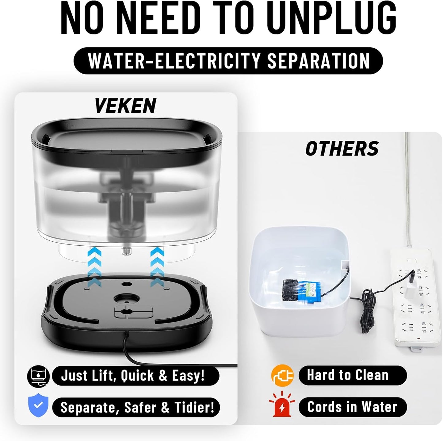 Veken Cat Water Fountain with Detachable Tank, Easy to Clean & Assemble, 84oz/2.5L Pet Drinking Dispenser with Quiet Operation & LED Light, Gifts for Christmas, Cats, Dogs and Small Pets, Black