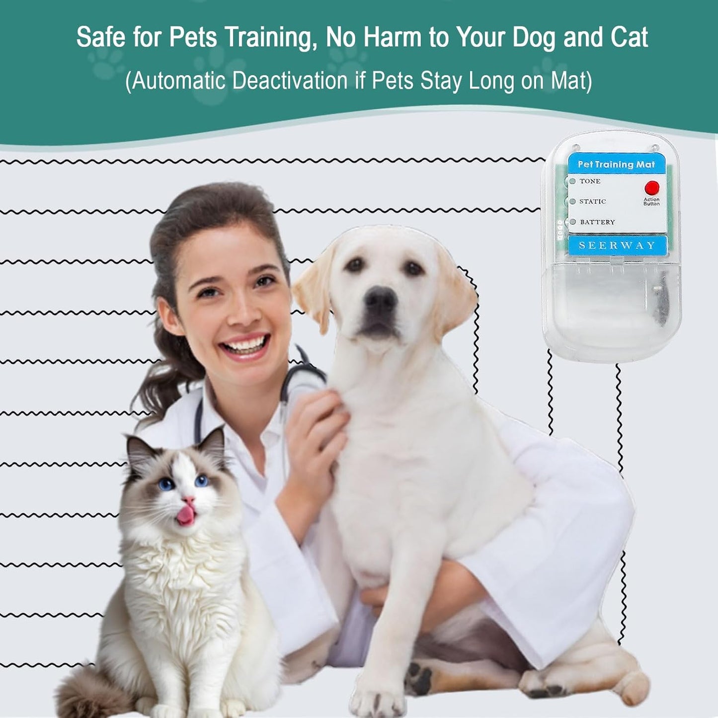 SEERWAY Scat Pet Shock Mat Indoor, Safe Shock Training Pads for Dogs and Cats, Electric Repellent Mat Keeps Pets Off Couch, Sofa, Counter Top, 3 Training Modes, 60"x12" Rectangular, Battery Operated