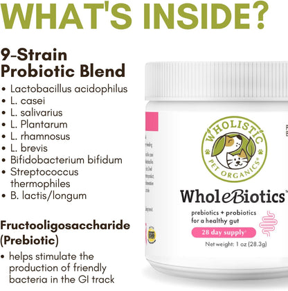 Wholistic Pet Organics WholeBiotics - Daily Dog Probiotics for Digestive Health Support & Immune Boost - 9 Strains - Prebiotics & Probiotics for Dogs & Cats - Gut Health for Dogs - 1 Oz - 28 Scoops