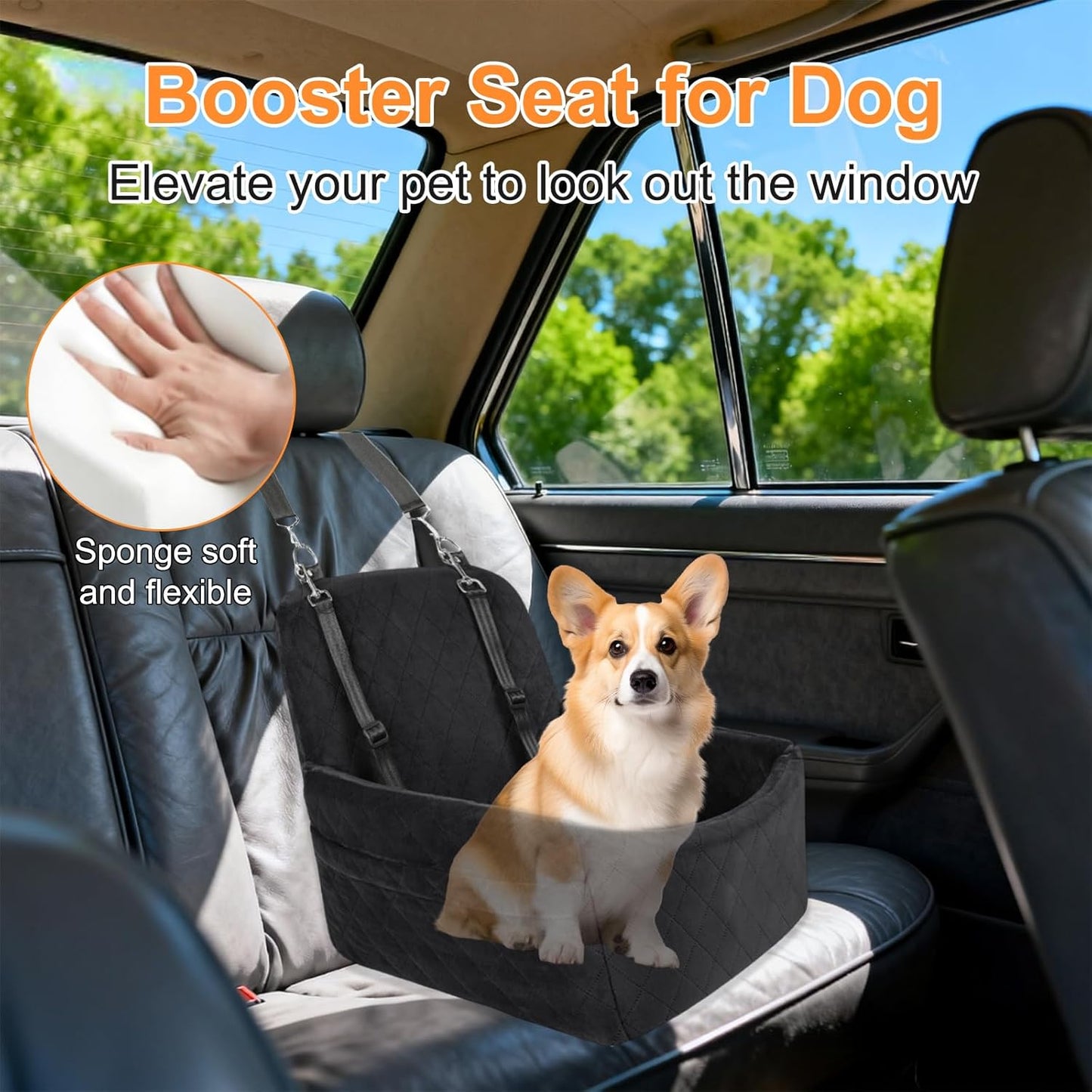 Dog Car Seat for Small/Medium Dogs, Memory Foam Dog Booster Seat up to 35lbs, Detachable Washable Pet Car Seat with Storage Pockets, Portable Pet Travel Bed with Seat Belt, Anti-Slip Base Black