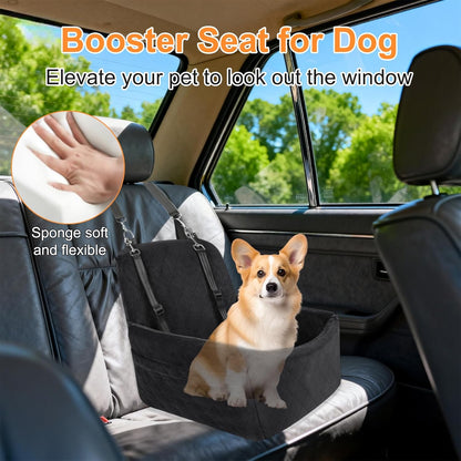 Dog Car Seat for Small/Medium Dogs, Memory Foam Dog Booster Seat up to 35lbs, Detachable Washable Pet Car Seat with Storage Pockets, Portable Pet Travel Bed with Seat Belt, Anti-Slip Base Black