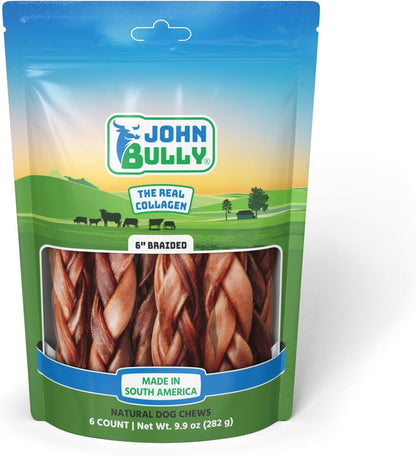 John Bully Collagen Braided 6" 6PK, The Best Option for Your Dog, 100% Natural, Rich in Protein, Highly Digestible, Gluten Free,Premium Grade Quality,Odor Free The Real Collagen