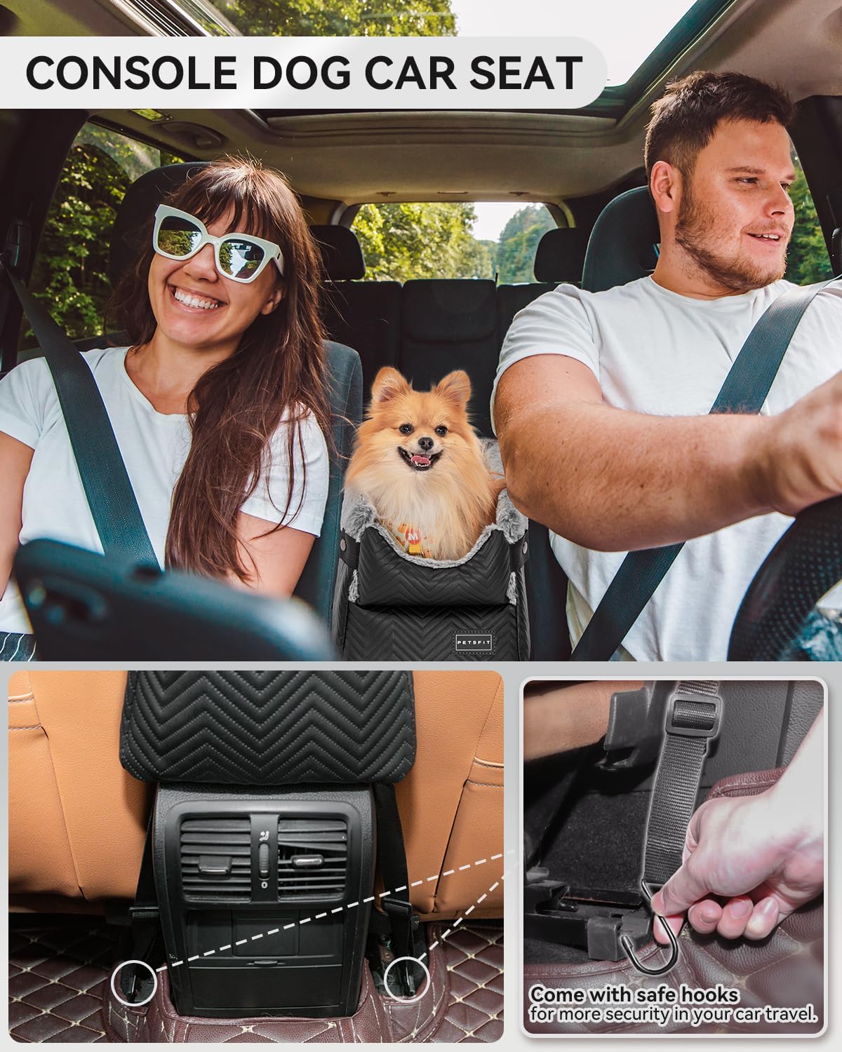 PETSFIT Center Console Dog Car Seat with Safe Protection Hooks, Pet Car Seat with Upgraded Safety Tethers, Washable Cushion, Console Dog Car Seats for Small Dogs Up to 8 Lbs(Black)