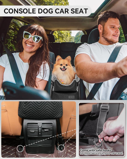 PETSFIT Center Console Dog Car Seat with Safe Protection Hooks, Pet Car Seat with Upgraded Safety Tethers, Washable Cushion, Console Dog Car Seats for Small Dogs Up to 8 Lbs(Black)