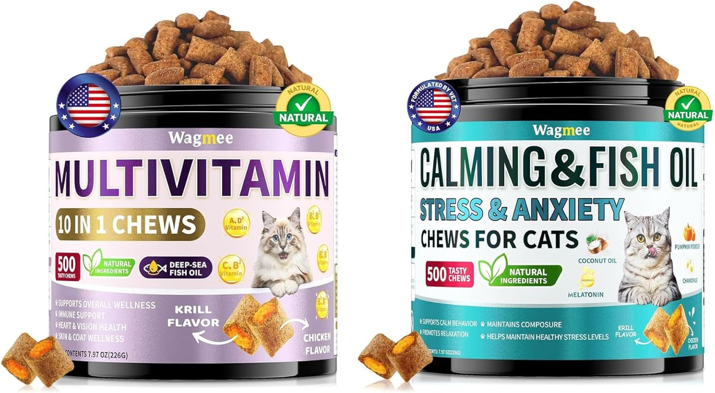 Cat Multivitamin & Calming Treats Bundle – 500 Crunchy & Creamy Chews Each – 10-in-1 Daily Vitamins for Energy, Joint, Skin & Coat + Calming Chews with Melatonin & Chamomile for Stress, Travel