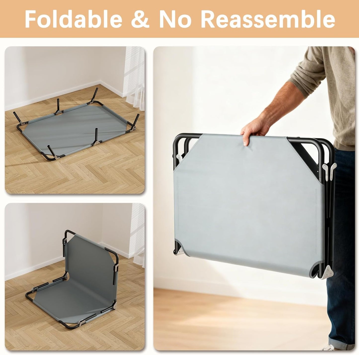 Elevated Outdoor Dog Bed for Large Dogs, Portable Folding Camping Dog Bed, Washable Elevated Pet Beds with No-Slip Feet, Raised Cooling Pet Beds for Indoor & Outdoor Use, Grey, 44 Inches