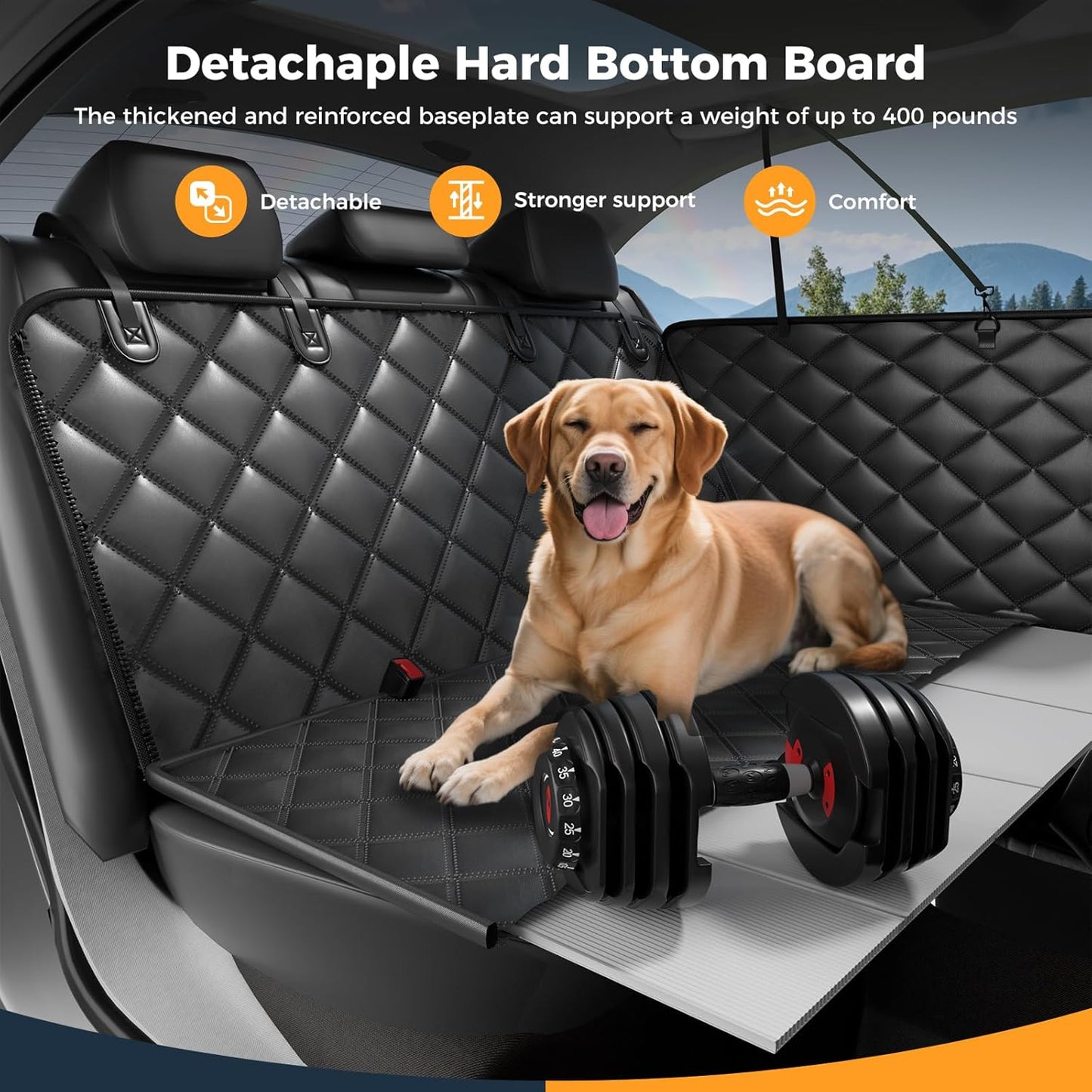 Dog Car Seat Cover for Back Seat, Hard Bottom Back Seat Extender for Dogs - Supports 400lbs,New Waterproof, Scratch Resistant, Anti Slip Portable Dog Hammock