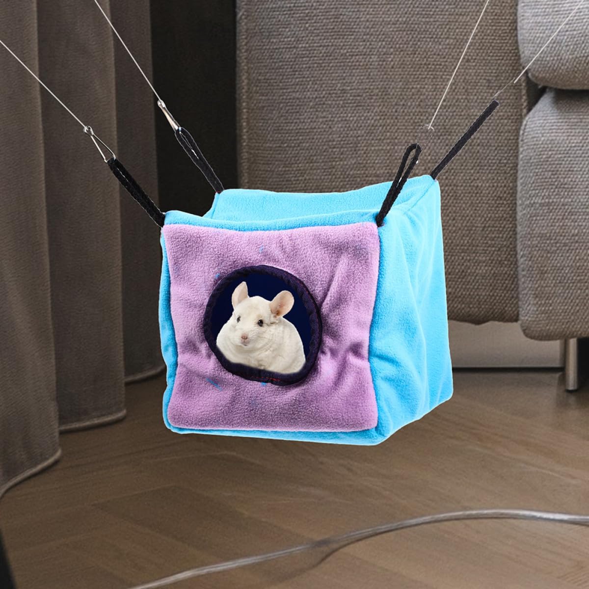 Small Animal Hanging Hammock Cage with Double-Layer Cozy Cube Bed for Hamsters Squirrels Ferrets and Chinchillas Small Pet Suspend Cage Hideout