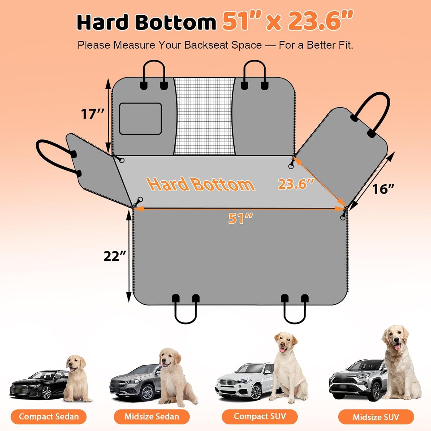 URPOWER Back Seat Extender for Dogs - Hard Bottom Dog Car Seat Cover with 1PC Leak-Proof Pee Pad, Dog Hammock for Car, SUV, and Mid-Size Truck, Pet Rear Seat Protector Dogs Travel Bed