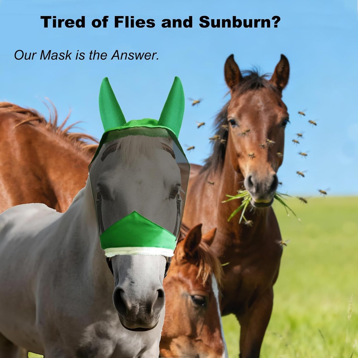 Fly Masks for Horses with Ears and NO Nose Cover - Comfortable Horse Fly mask with Ears for UV Protection & Sun Shield – Soft Lightweight- Breathable Horse mask (Green, (Full) Large)NO nose