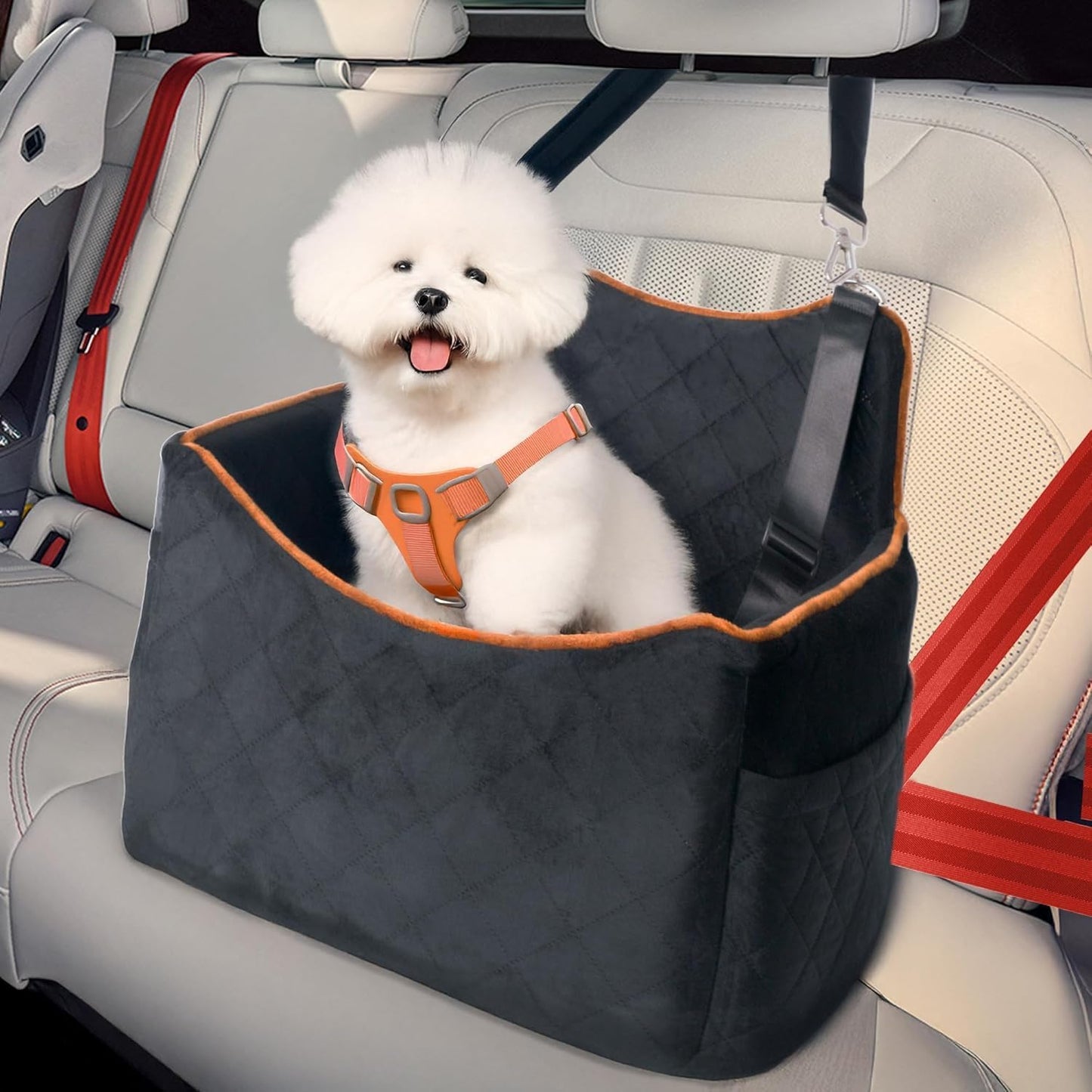 iPEGTOP Dog Car Seat for Small Medium Dogs Under 35 lbs, Washable Safety Cat Dog Booster Puppy Travel Bed with Memory Foam Cushion Secure Safe Buckles & Clip-On Leash, Black