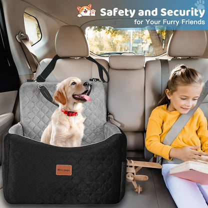 Dog Car Seat for Small/Medium Dogs Under 35 lbs – Pet Booster Seat with 6-inch Memory Foam, Dog Car Bed with Removable and Washable Cover, 2 Safety Belts and 2 Storage Bags
